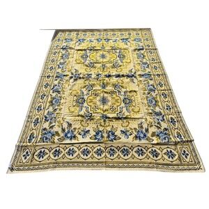 Vintage Polish Blue Metallic Gold Floral Medallion Woven Tapestry Blanket 89x77